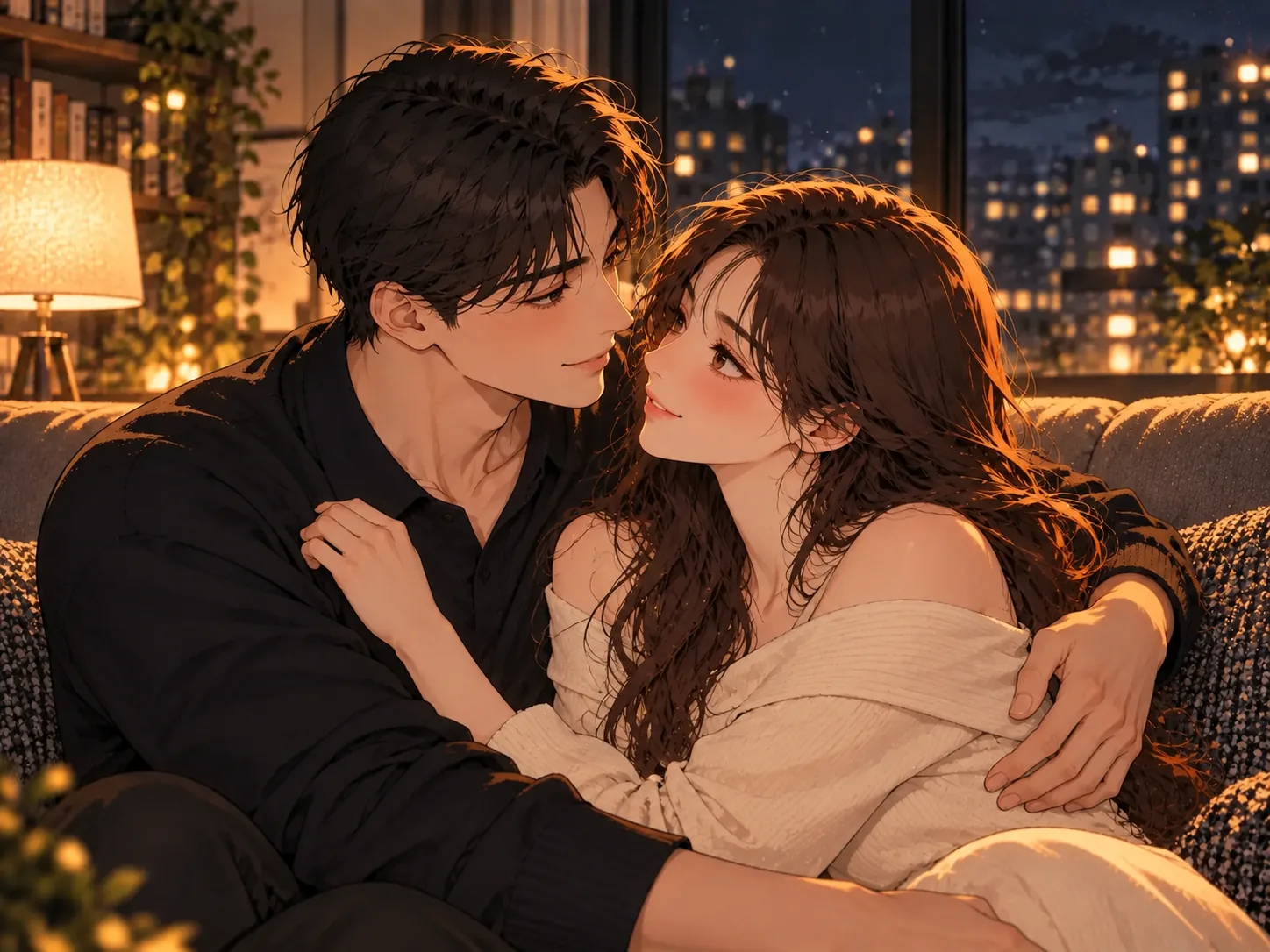 따뜻한 조명 아래 소파에서 가까이 포옹하며 서로를 바라보는 성인 연인