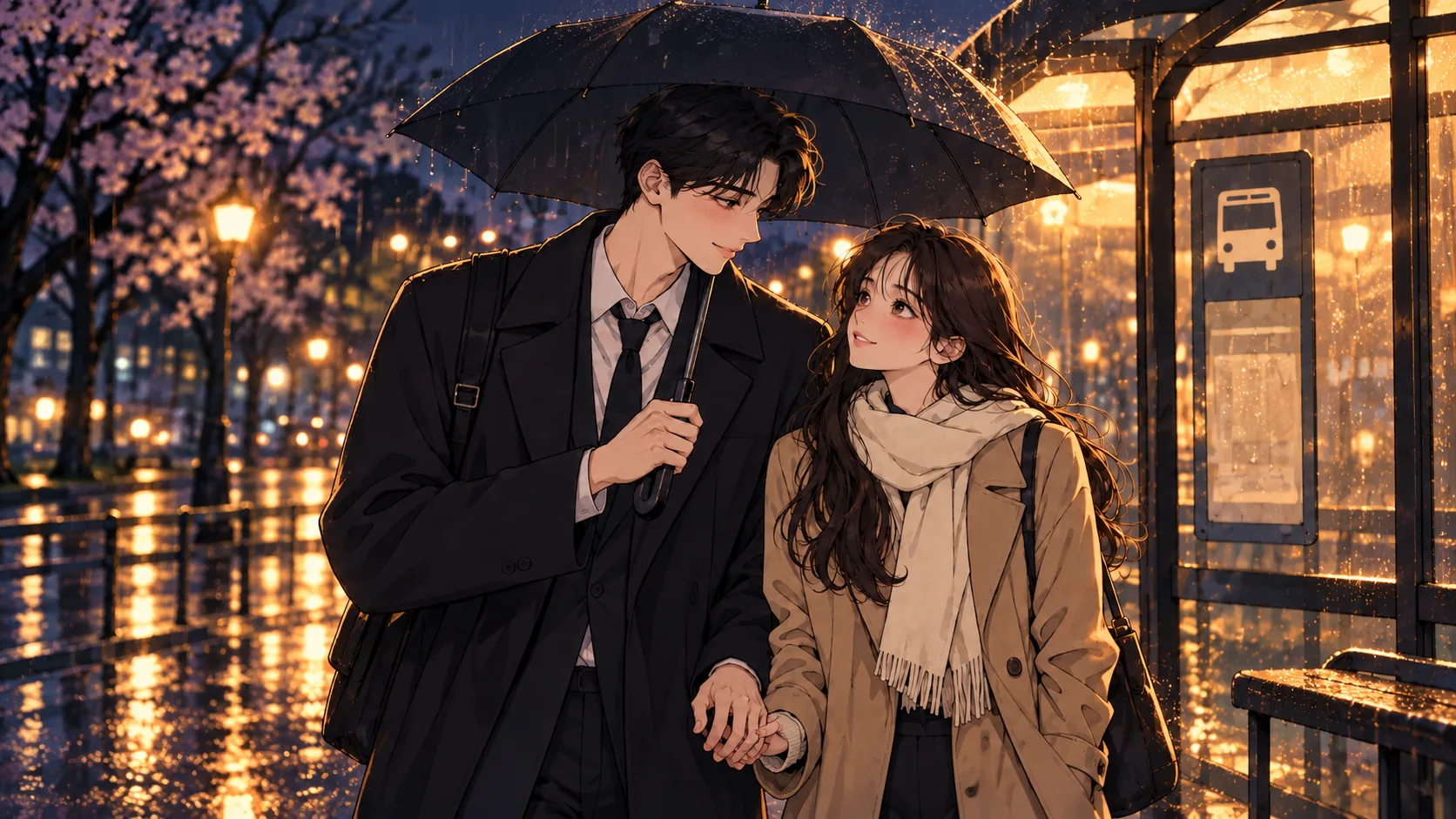 비 오는 저녁, 하나의 우산 아래에서 서로를 바라보는 두 사람