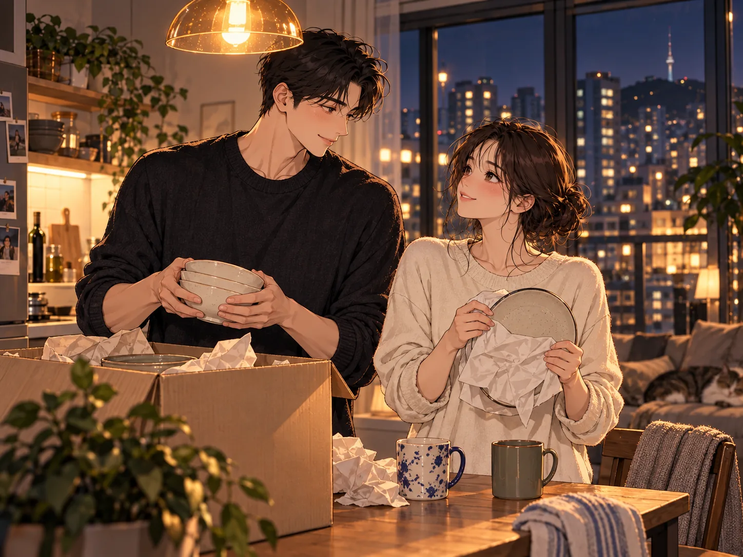 함께 살 집에서 이삿짐을 풀며 서로를 바라보는 연인