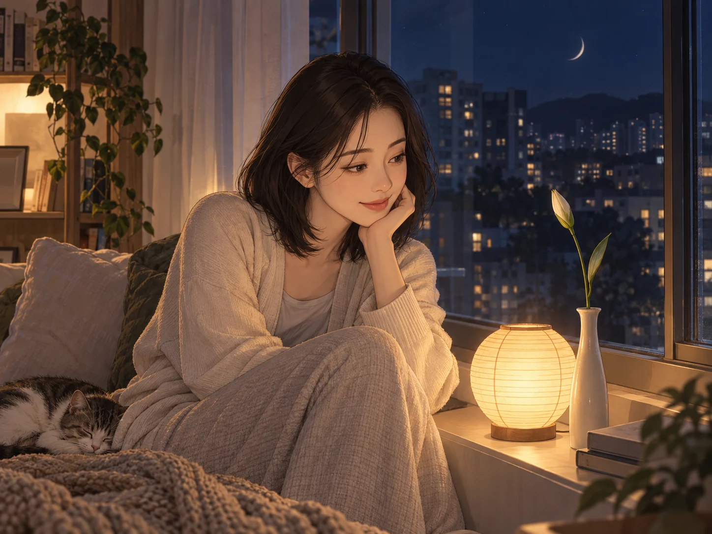 창가에서 작은 등불과 꽃봉오리를 바라보는 성인