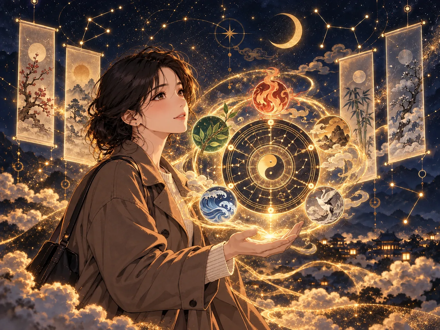 현대적인 코트 차림으로 음양오행과 사주 기둥, 별의 신비로운 흐름을 바라보는 여성