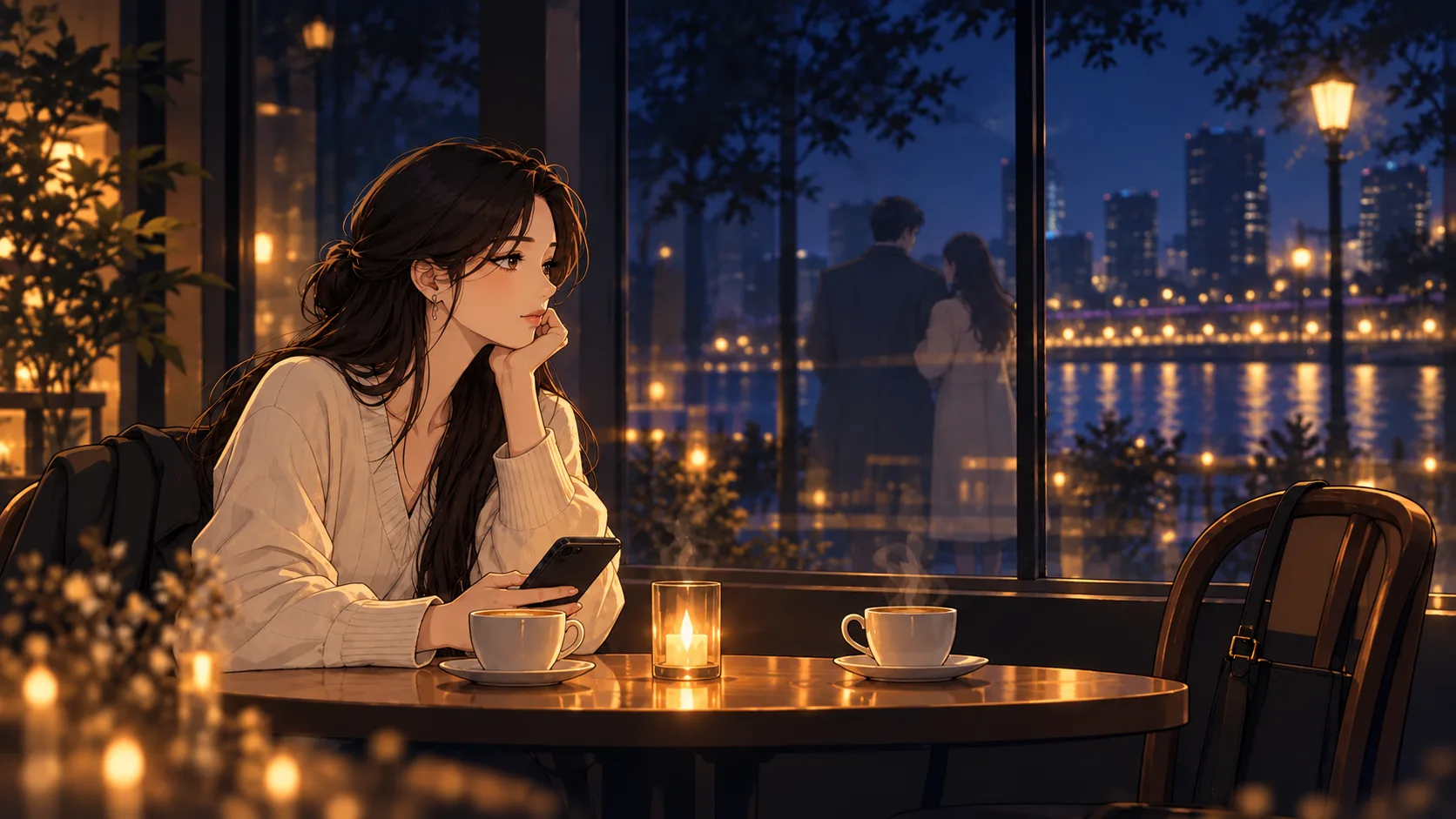 카페의 빈 맞은편 자리를 바라보며 지난 인연을 떠올리는 사람